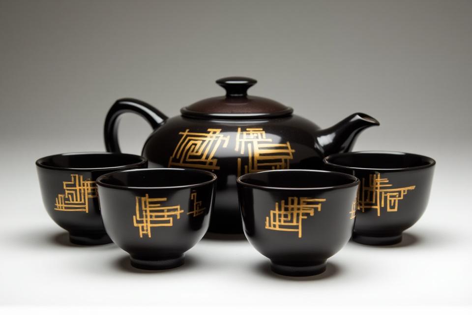 昭和初期のアール・デコ茶器セット、黒釉に金彩の幾何学装飾