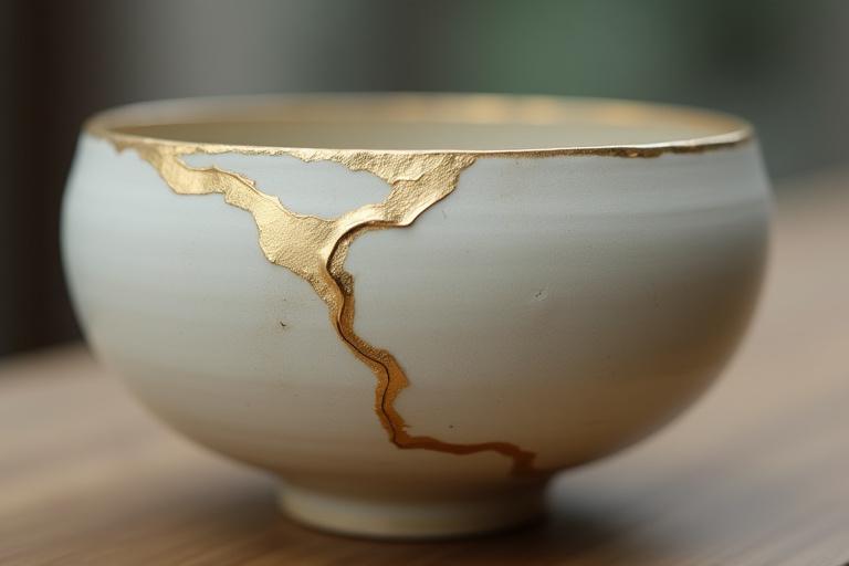 金継ぎで美しく修理された陶器のボウル。欠けが芸術的な線で強調されています.