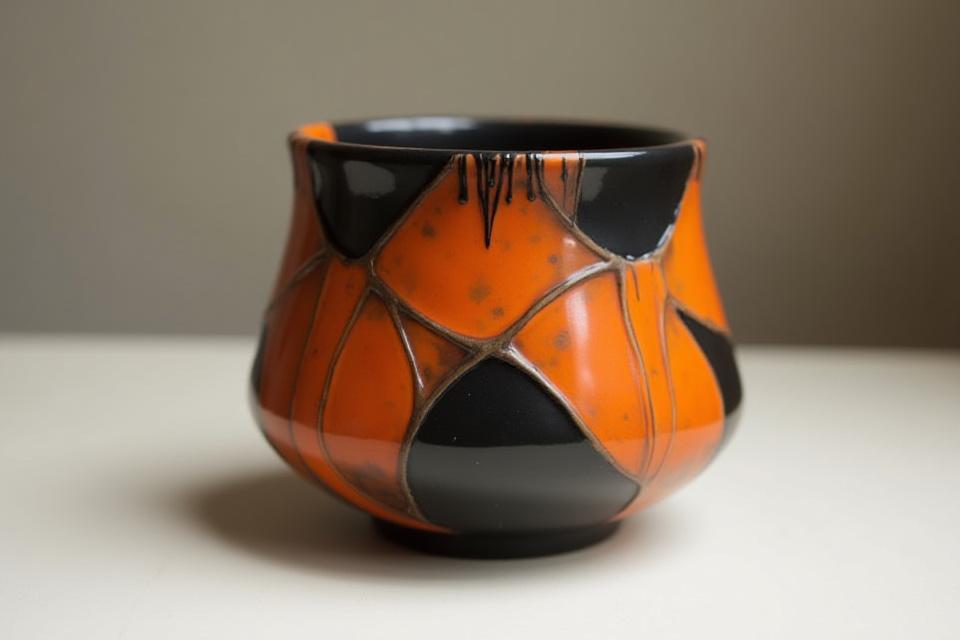 Origa Earthワークショップで制作されたアール・デコ様式の陶器、鮮やかなオレンジと黒のコントラスト